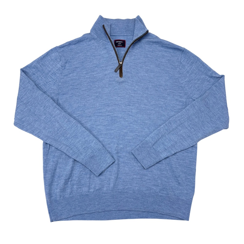 UNTUCKit Sweater Mens Size Large Regular Fit Blue 1/4 Zip Pullover Merino Wool